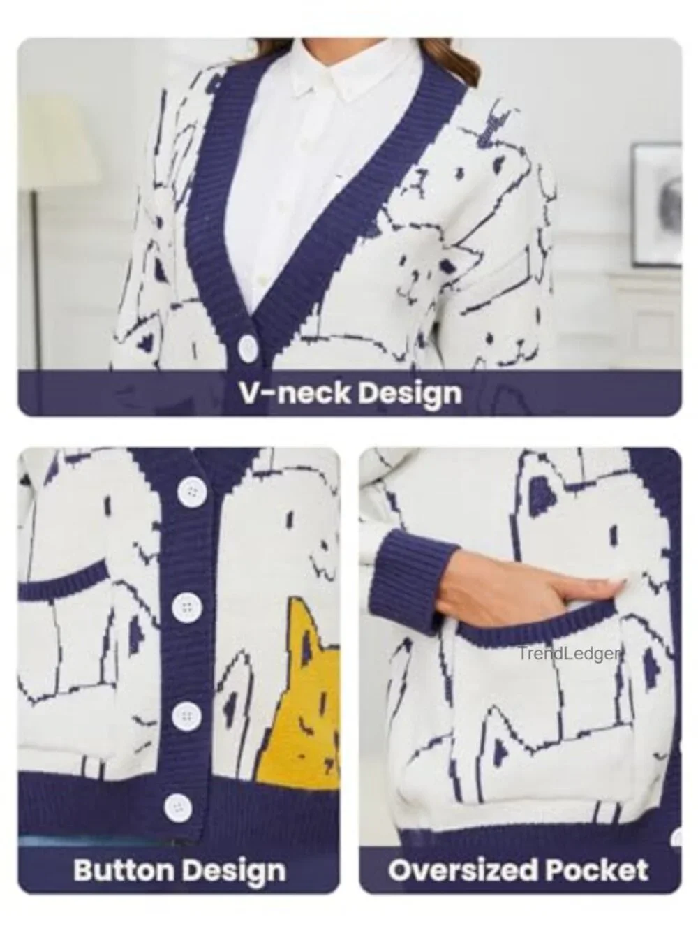Oversized V-Neck Cat Print Cardigan - Kawaii Cute Knit Sweater for Women